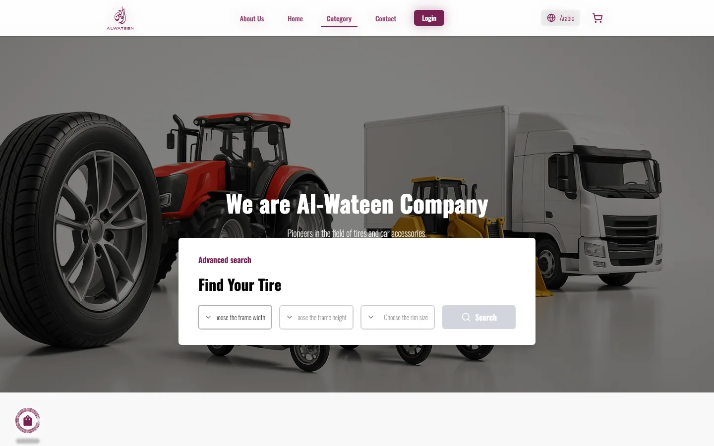 Alwateen category page with the catalogue split into Tires and Accessories