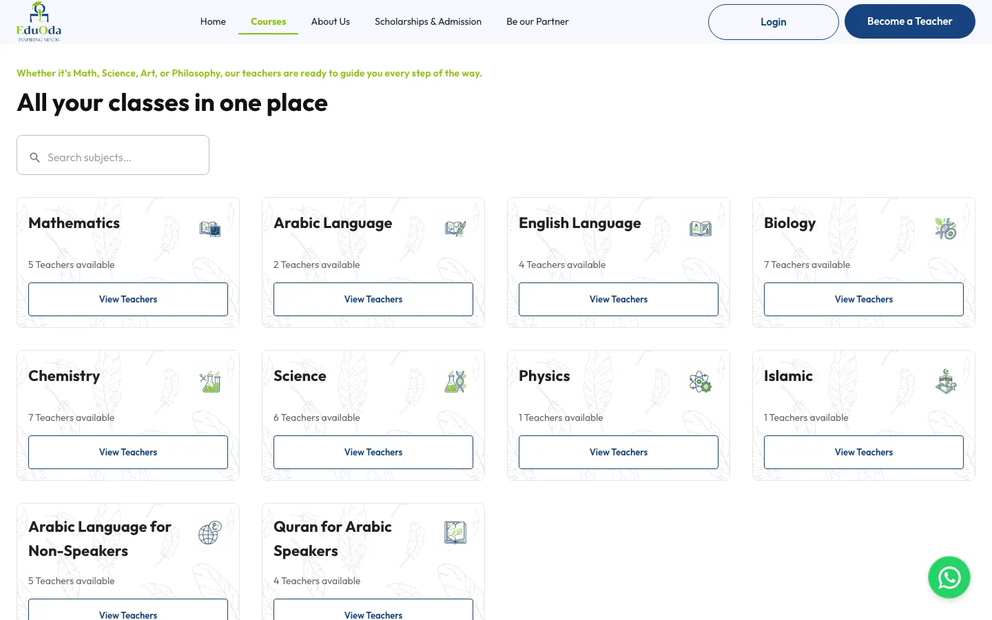 EduOda subject catalogue, “All your classes in one place” with teacher counts per subject