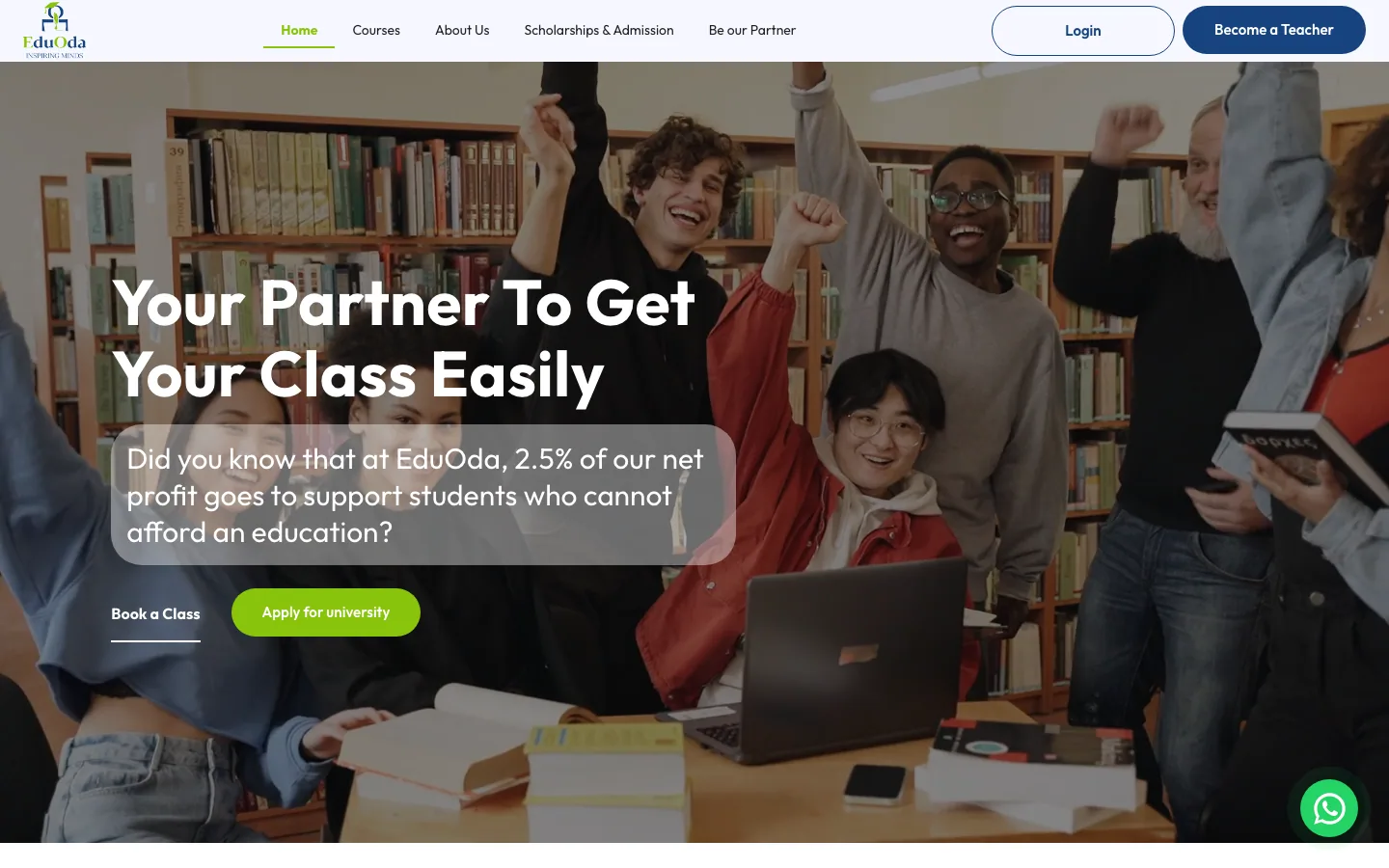 EduOda homepage hero, “Your Partner To Get Your Class Easily” with Book a Class and Apply for University buttons