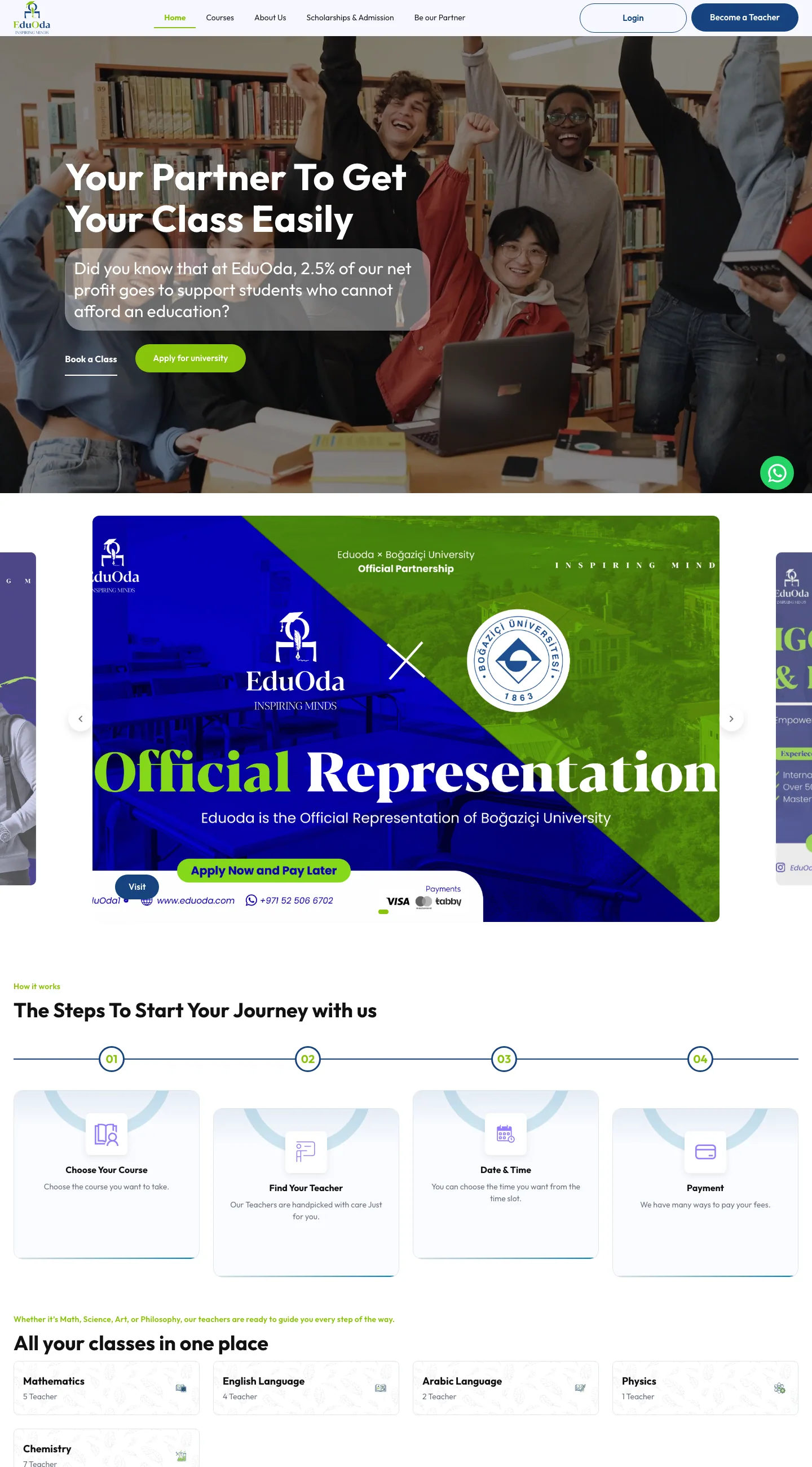 Full-length view of the EduOda homepage: hero, course carousel, four-step journey, subjects, stats and reasons