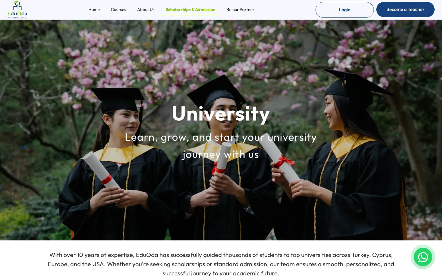 EduOda University page, “Learn, grow, and start your university journey with us”