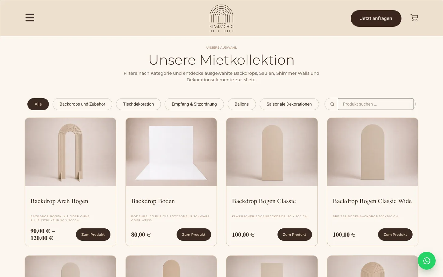 Kimimooi “Unsere Mietkollektion” shop page with category filter pills and backdrop products