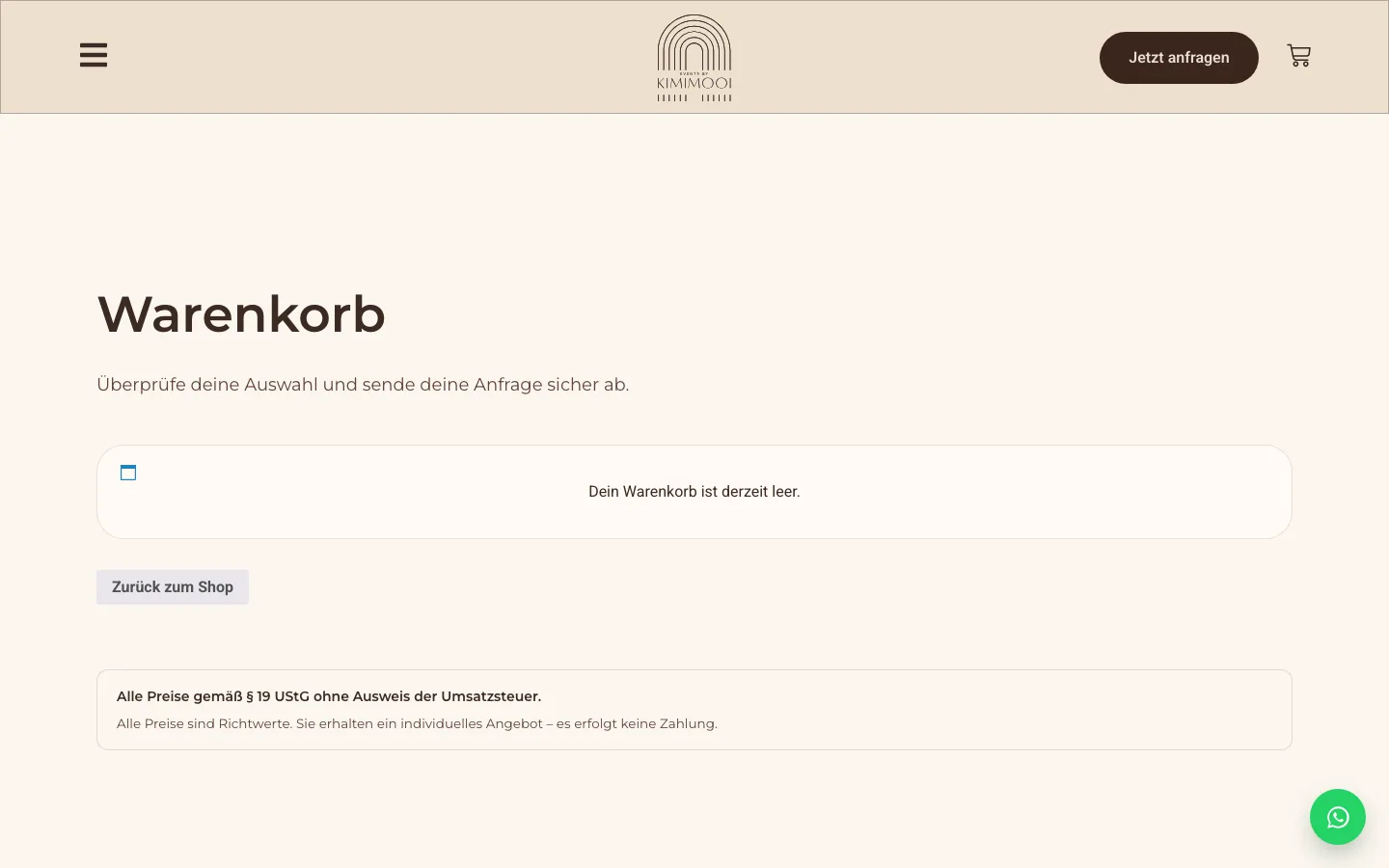 Kimimooi Warenkorb page reframed as a request review step
